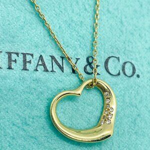 Tiffany & Co. Peretti 18K Gold Diamond 15mm Open Heart Pendant Necklace 18"